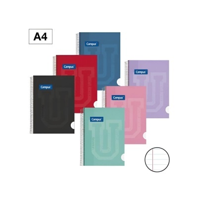 Cadernos espiralados Campus A4 em várias cores com capas duras e padrão interno de linhas listradas.