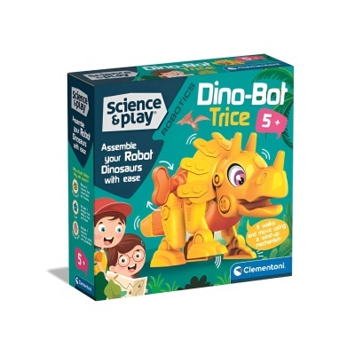 Caixa de brinquedo Dino-Bot Trice com dinossauro robótico amarelo e texto em inglês