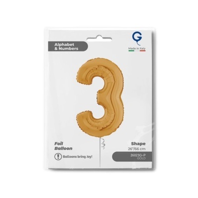 Balão dourado em forma do número 3 em embalagem transparente