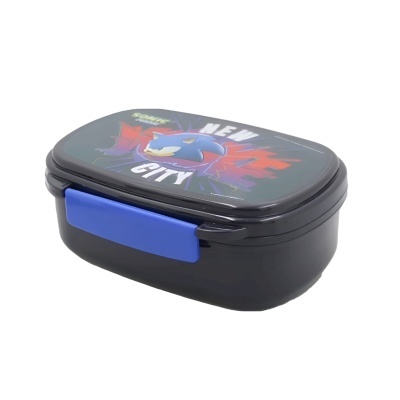 Caixa preta com tampa decorada com personagem azul e texto 'SONIC NEW CITY' e fecho azul