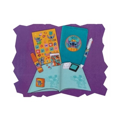 Conjunto de papelaria infantil Stitch com caderno azul, caneta e autocolantes sobre fundo roxo