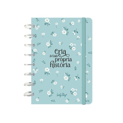 Caderno azul claro com flores e texto em português na capa
