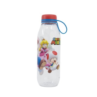 Garrafa plástica transparente com personagens do Super Mario e tampa vermelha