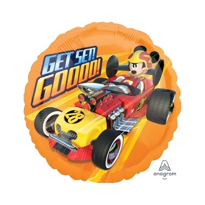 Balão redondo laranja com carro de corrida e Mickey como piloto, texto GET SET! GOOOO!