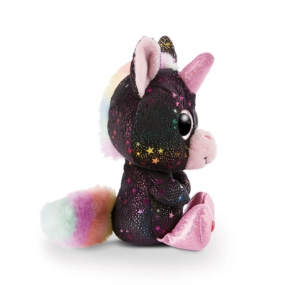 Pelúcia de unicórnio preto com estrelas e cauda colorida