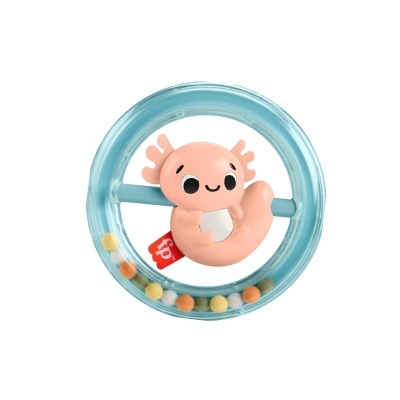 Brinquedo de bebé circular azul com figura cor-de-rosa de animal no centro