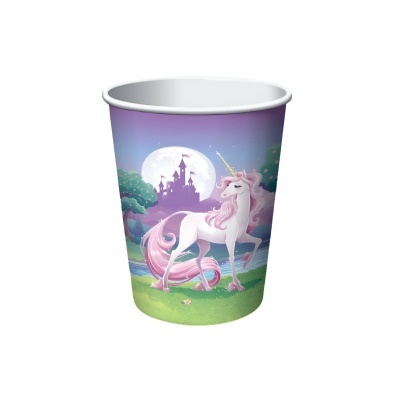 Copo de papel com desenho de unicórnio, castelo e lua cheia