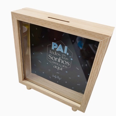 Cofre de madeira com vidro e texto para pai em português