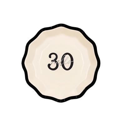 Prato decorativo de papel creme com bordas pretas e número 30 com 'hello' no centro