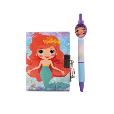 Caderno com capa de sereia e caneta colorida com decoração de sereia