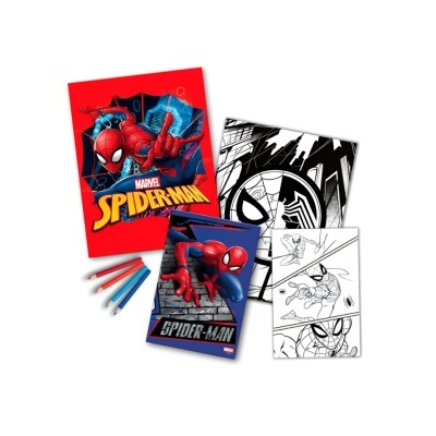 Conjunto de desenho Spider-Man com lápis e livros para colorir.