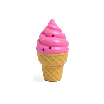 Brinquedo plástico em forma de gelado rosa com casquinha bege e granulado colorido