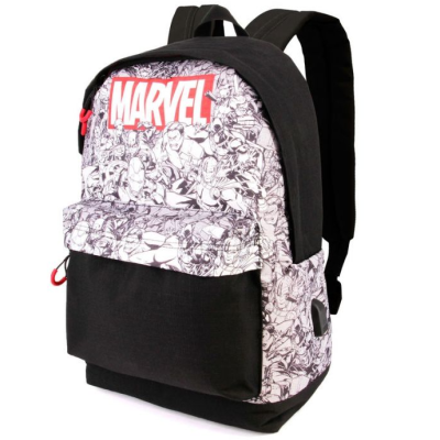 Mochila escolar preta e branca com padrão Marvel e logo vermelho