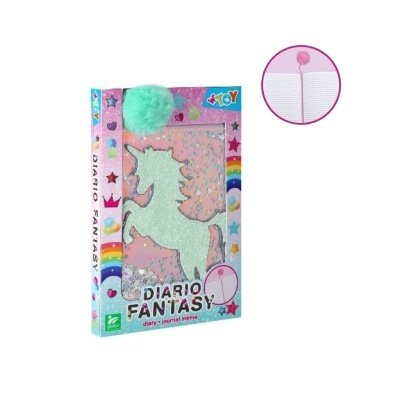 Diário com capa de unicórnio brilhante e pompom verde claro.