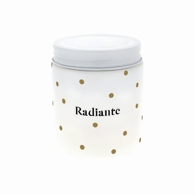 Frasco de vidro branco com pontos dourados e texto Radiante