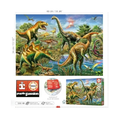 Puzzle de dinossauros Educa 500 peças em cenário pré-histórico colorido