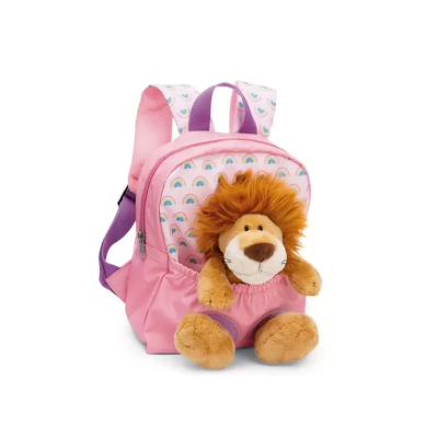 Mochila infantil rosa com leão de pelúcia