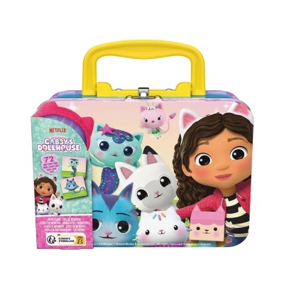 Mala decorativa de Gabbys Dollhouse com personagens de desenho animado e pega amarela.