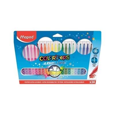 embalagem azul com 24 canetas hidrográficas coloridas Maped Color Peps