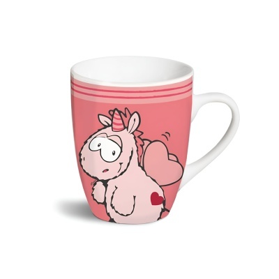 Caneca rosa com ilustração de unicórnio fofo e asas, interior branco