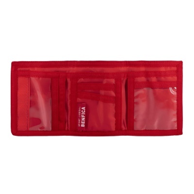 Carteira vermelha com divisórias transparentes e texto BENFICA