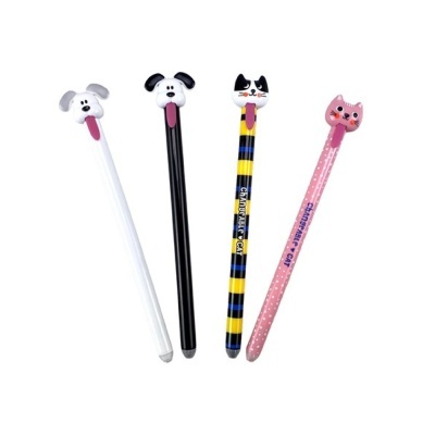 Quatro canetas finas com tampas de animais e cores variadas