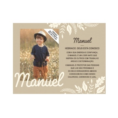 Cartão com foto de menino e texto sobre o nome Manuel