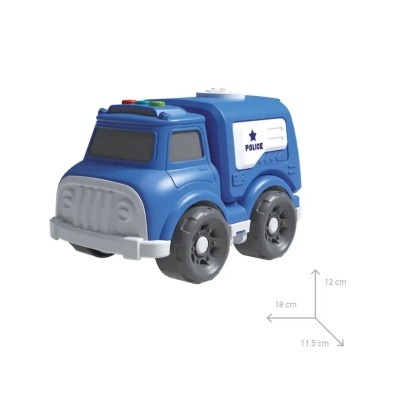 Carrinho de brinquedo de polícia azul com detalhes cinza e palavra POLICE na lateral.