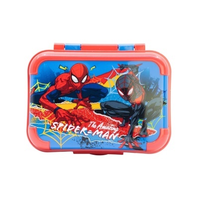 Estojo escolar azul e vermelho com Homem-Aranha em ação e texto The Amazing Spider-Man