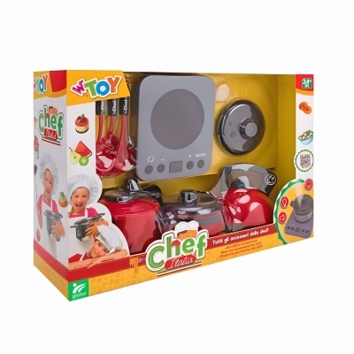 Conjunto de brinquedo chef com utensílios de cozinha vermelhos e cinzentos na embalagem