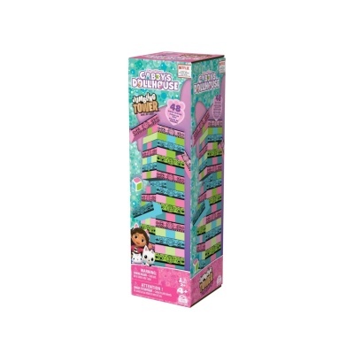 Caixa do jogo Jumbling Tower com peças de madeira coloridas do Gabbys Dollhouse