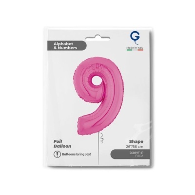Balão fúcsia em forma do número 9 na embalagem branca