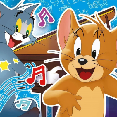 Imagem de Tom e Jerry a tocar piano com fundo azul musical