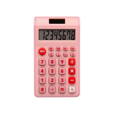 Calculadora rosa com números digitais e botões vermelhos e rosa