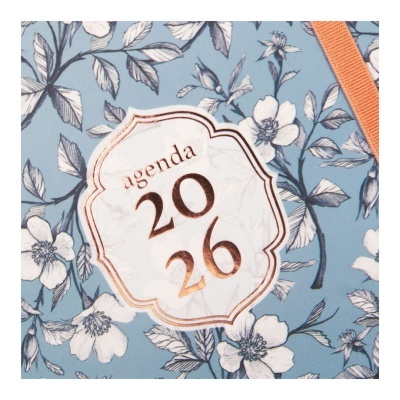 Capa de agenda floral azul com texto dourado e fita laranja