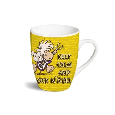 Caneca amarela com personagem a tocar guitarra e texto 'KEEP CALM AND ROCK N'ROLL'.