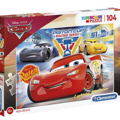 Caixa de puzzle Clementoni Disney Pixar Cars com os carros Lightning McQueen, Jackson Storm e Cruz Ramirez.