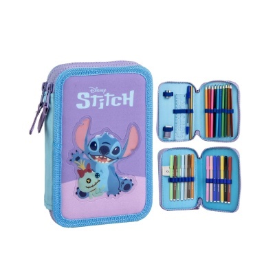 Estojo escolar Disney Stitch roxo e azul com lápis de cor e canetas