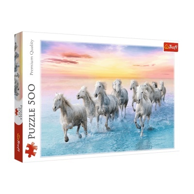 Caixa de quebra-cabeças Trefl 500 peças com imagem de cavalos brancos correndo na água ao pôr do sol