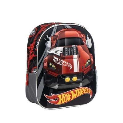 Mochila infantil Hot Wheels preta e cinza com estampa de carro vermelho