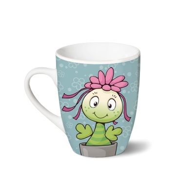 Caneca branca com planta sorridente ilustrada em fundo azul com bolhas brancas
