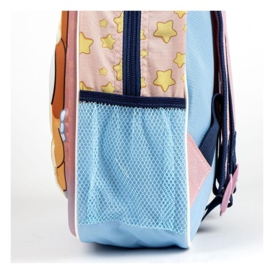 Mochila infantil azul com bolso de rede e padrão de estrelas amarelas