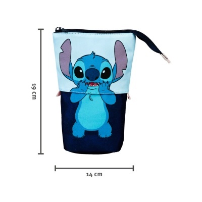 Estojo azul com personagem Stitch estampado e ziper preto
