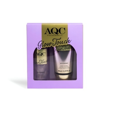 Conjunto AQC Fragrances Glow Touch com loção corporal e spray em embalagem roxa