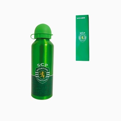 Garrafa metálica verde com logo SCP e caixa verde selada