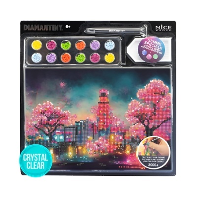 Kit de arte Diamantiny com pedras coloridas para colar em tela de cidade iluminada e árvores cor-de-rosa