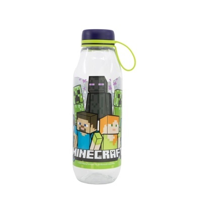 Garrafa transparente de água com personagens do Minecraft