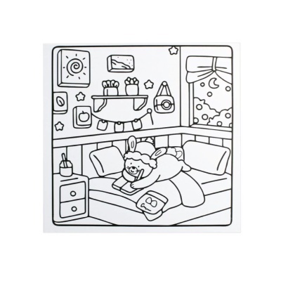 Desenho a preto e branco de quarto com cama e boneco a desenhar