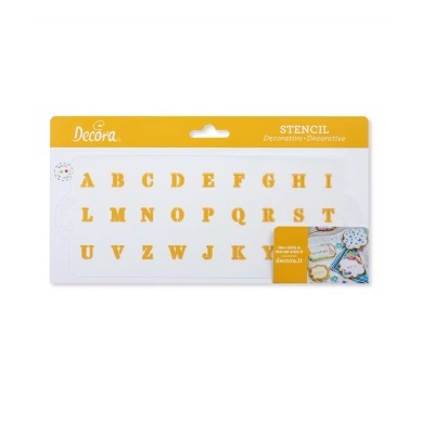 Stencil decorativo com letras amarelas na embalagem branca e amarela