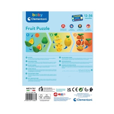 Embalagem azul clara do Fruit Puzzle da Clementoni com imagens de peças de fruta e instruções.